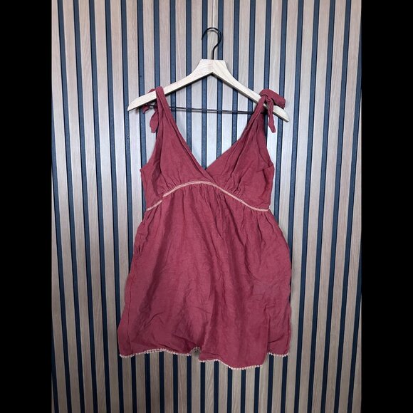 Flawless Mini Dress Large Womens Red Flax Linen Shoulder Tie Beaded Trim Smocked - Picture 1 of 6